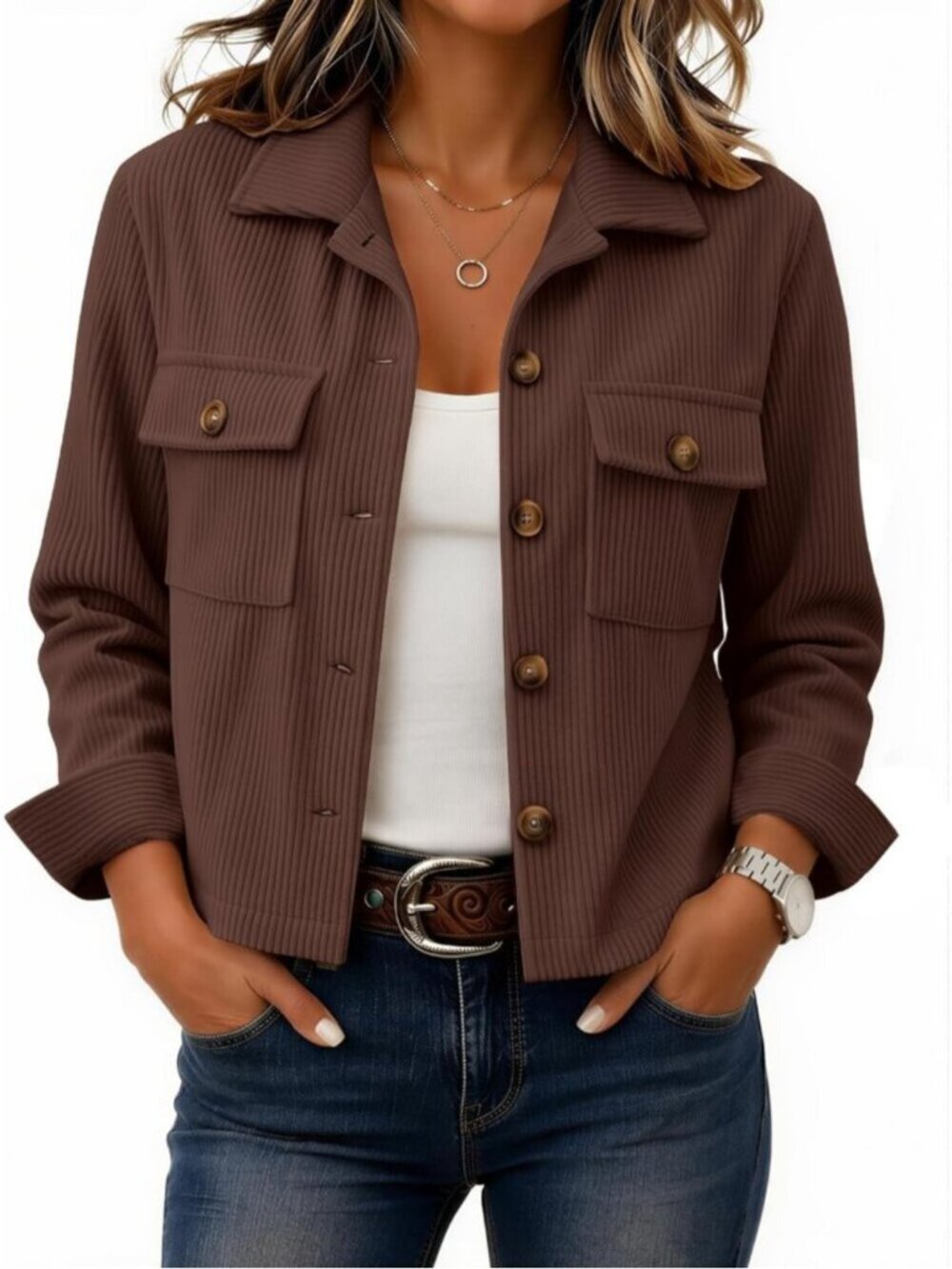 Women's Brown Ribbed Knit Button-Down Flap Pockets Long Sleeve Cropped Shacket